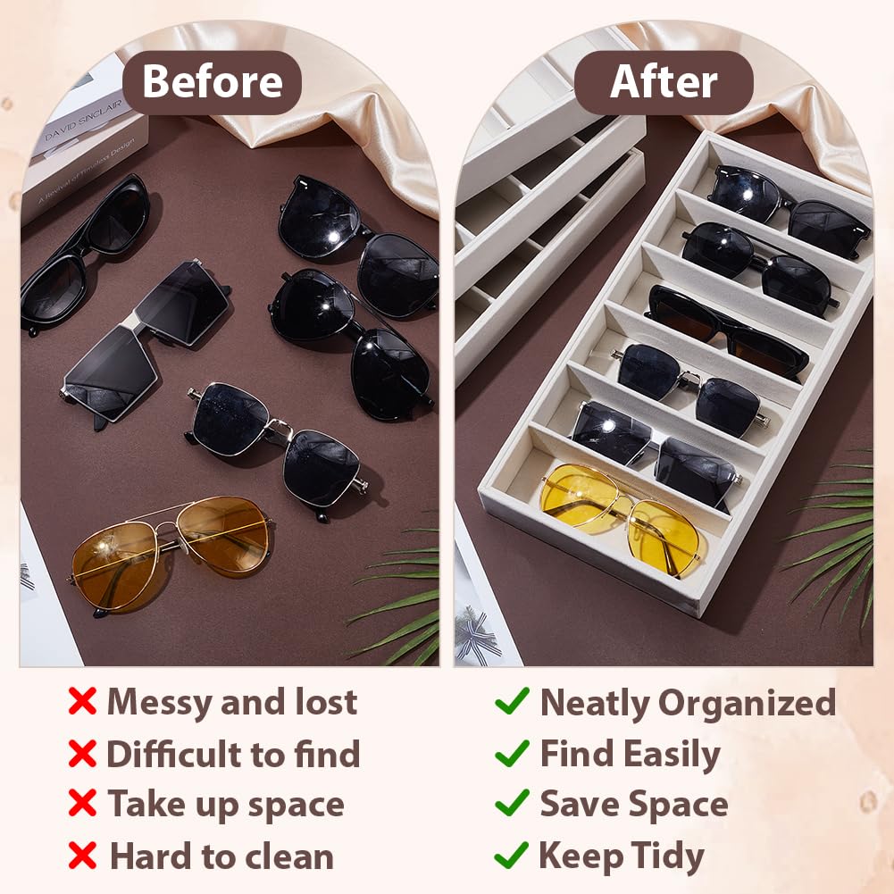 AHANDMAKER 4 Stück Samt Sonnenbrillen Organizer Tablett 6 Fächer Weiß Brillen Schmuck Display Uhr Aufbewahrungs Box für Frauen Kosmetiktisch Nachttisch Schublade Organisation