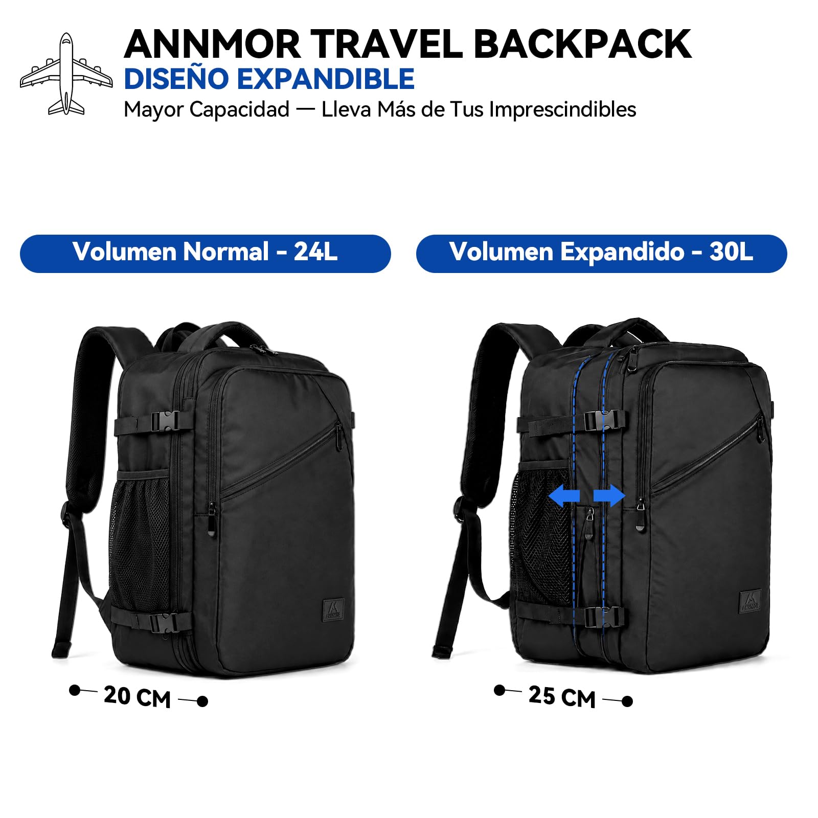 Mochila Viaje Cabina Avion 40x30x20, Extensible Mochila Viaje hasta 30L Cumplir con Ryanair, Vueling, Compartimento para Portátil 15.6" y Puerto USB - Ideal para Viajes Cortos y Fines de Semana