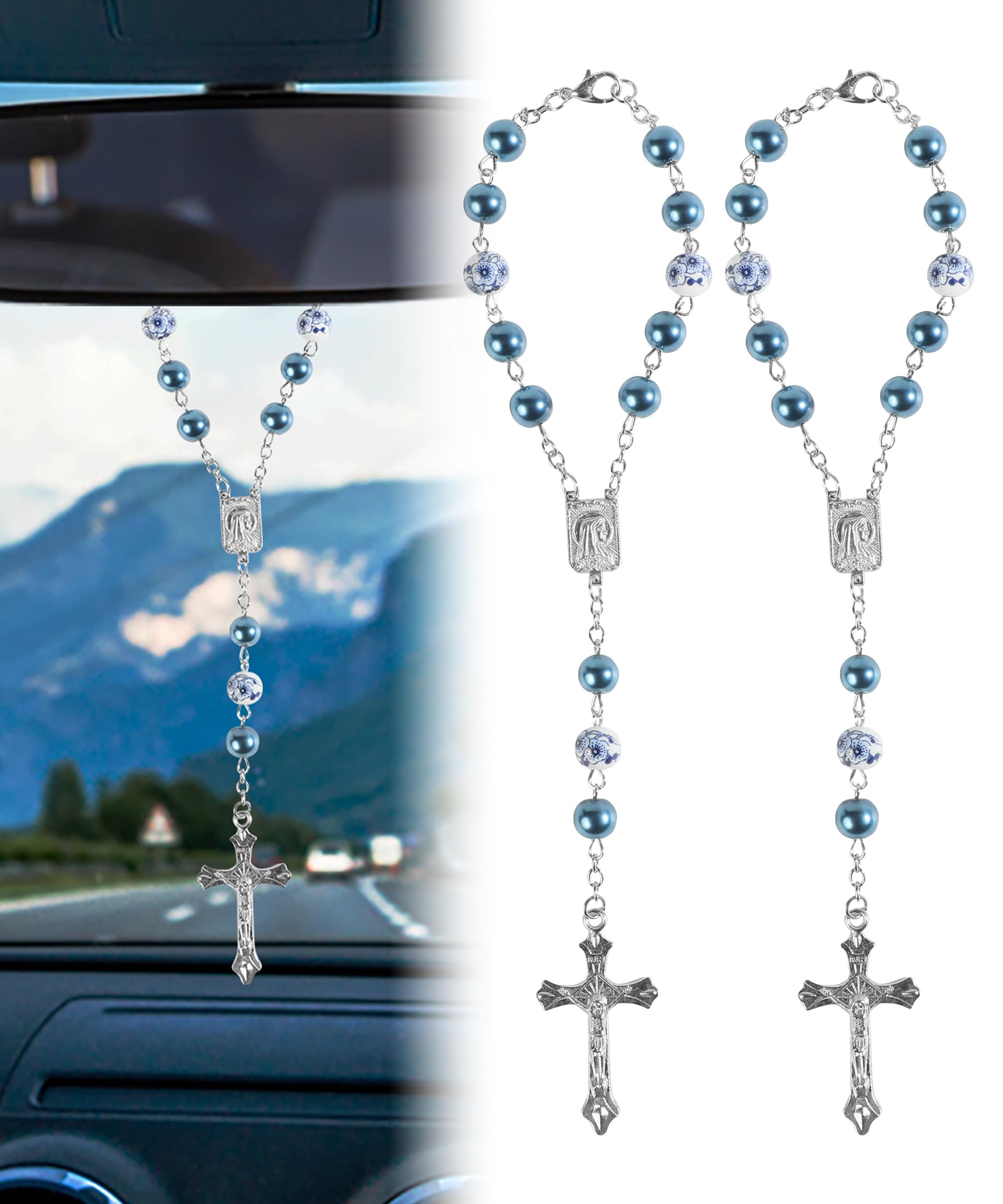 2PCS Car Rosary for Rearview Mirror,Car Rosary,Rosary for Car,Car Accessories Car Mirror Decor,Car Mirror Hanging Accessories,Automotive Use Small Rosary,Beads Catholic for Woman Men (Blue)