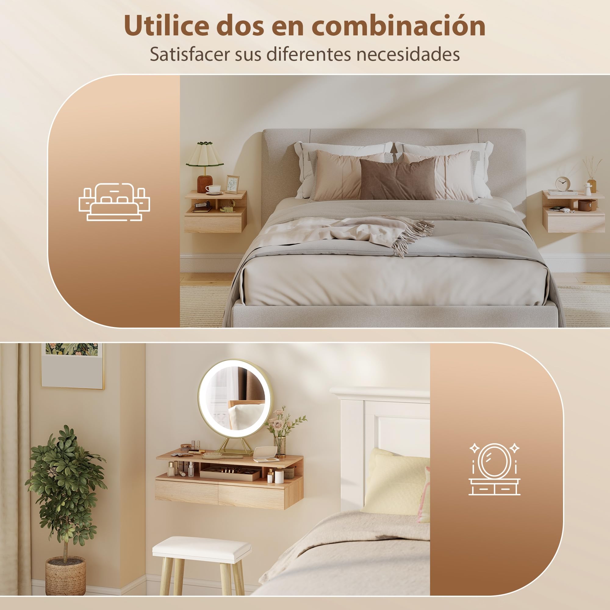 HOMCOM Juego de 2 Mesitas de Noche Flotantes con Cajón, Mesillas de Noche Dormitorio, Montado en la Pared, Estilo Moderno, para Sala de Estar, 35x32x22,5 cm, Roble