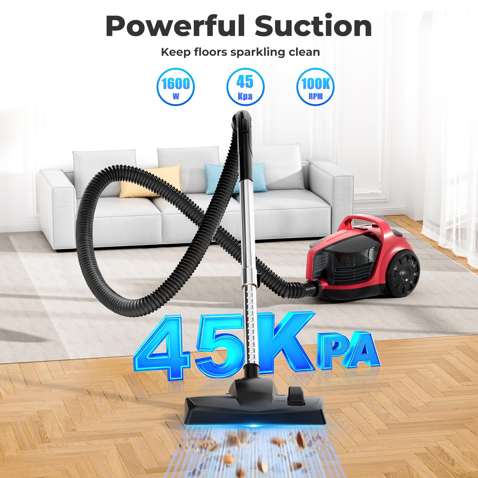 1600W Canister Vacuum Cleaner, Bagless Vacuum Cleaner with 45kPa Strong Suction, 4L Large Dust Cup, Variable Speed Control, 5 Tools, Lightweight Canister Vacuum for Home, Pet, Carpet, Hard Floor, Red - 3
