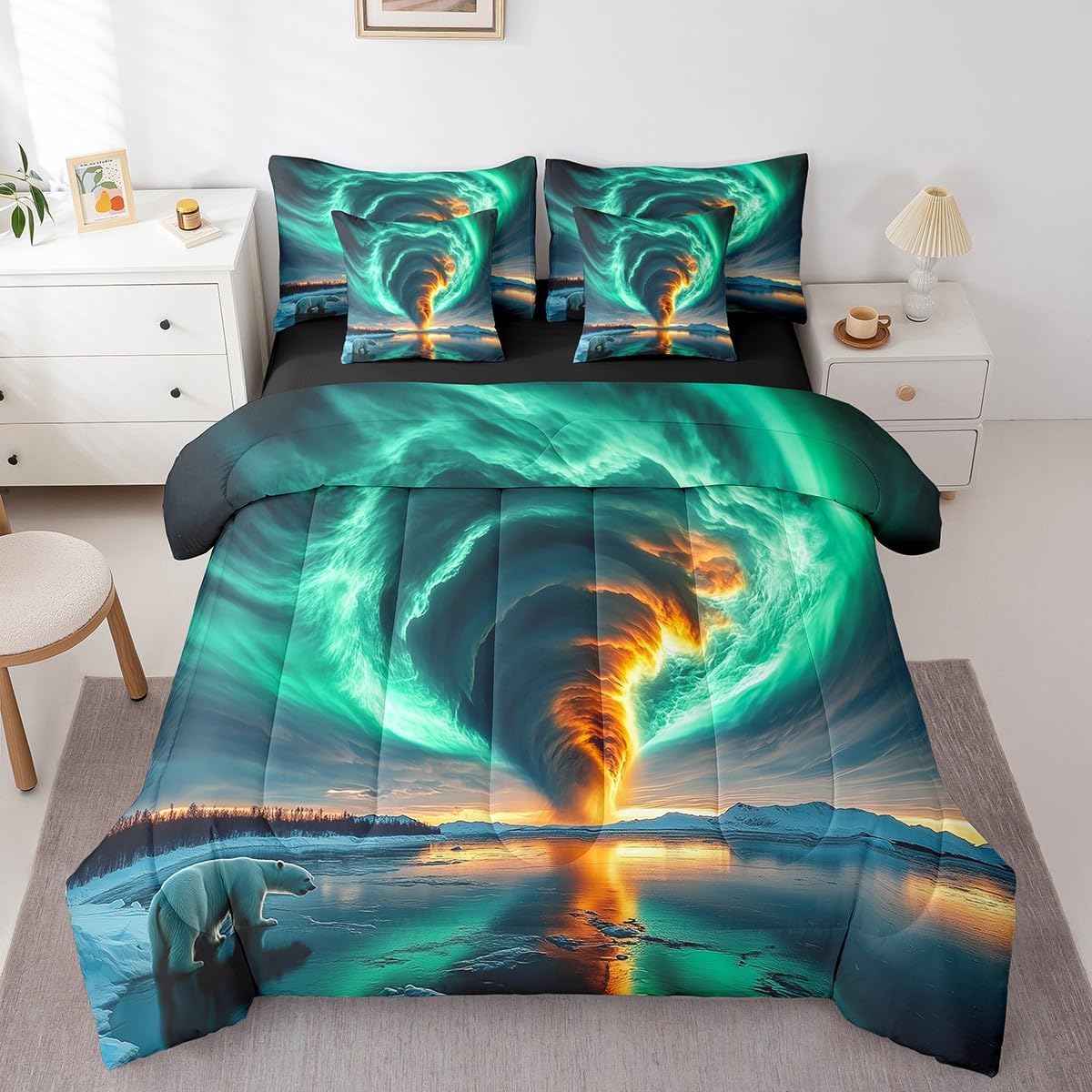 Erosebridal Aurora Tornado Comforter Set Full for Boys,Turquoise Northern Light Bedding Set 7Pcs for Kids Adults,Polar Bear Bed in a Bag,Gradient Tornadoes Quilt
