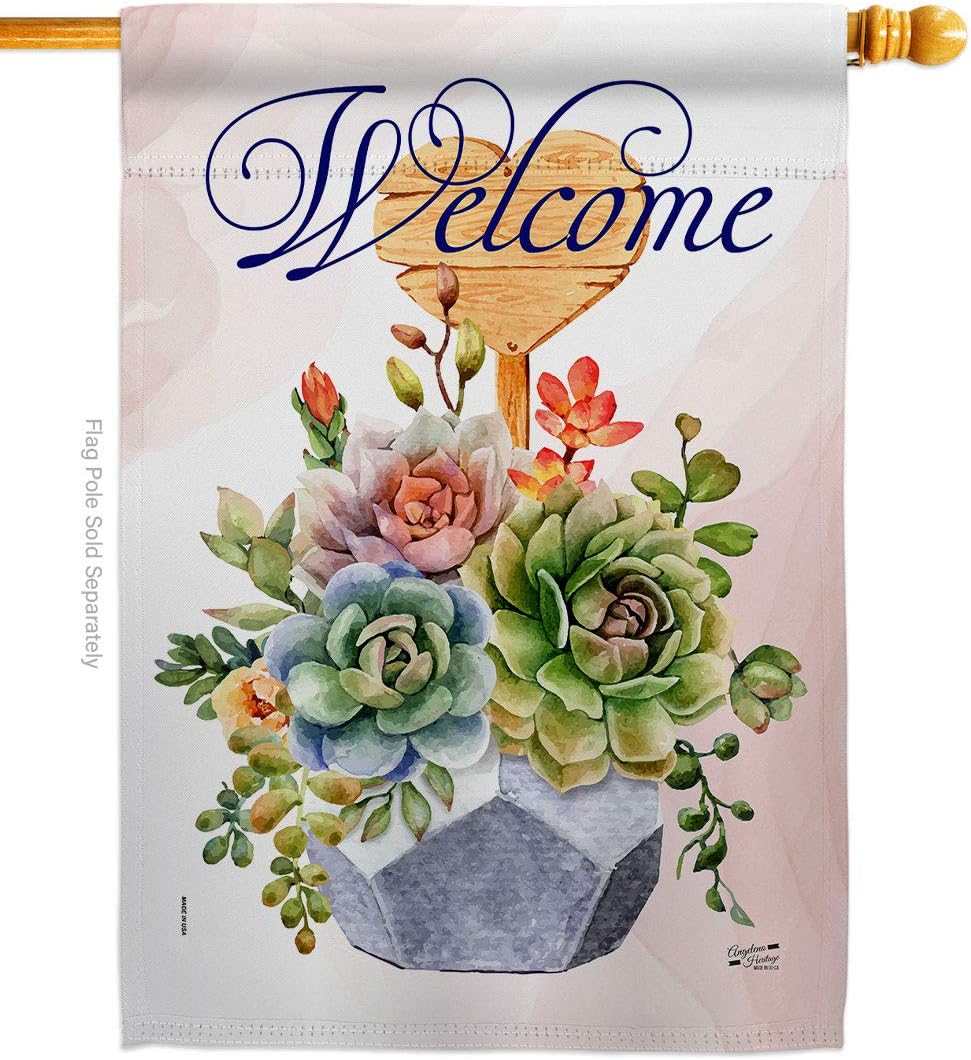 Welcome Succulent House Flag Spring Floral Sunflower Tulip Rose Orchid Lilies Season Springtime Flower Wreath Decoration Banner Small Garden Yard Gift Double-Sided, Made in USA