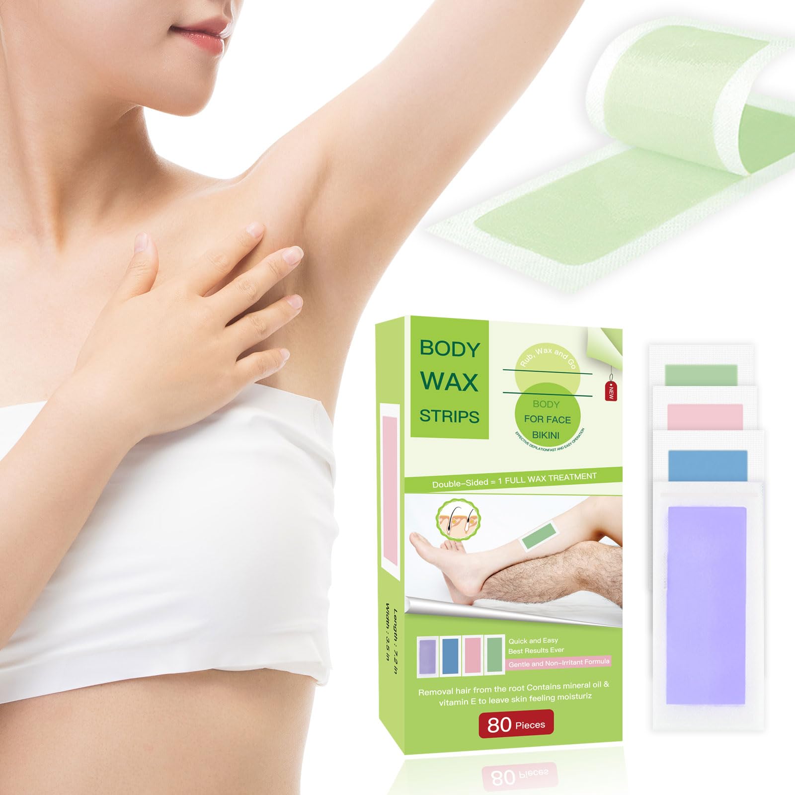 BXQJRJ 80Pcs/Box large size-Wax Strips?Body Wax Strips for Hair Removal,self waxing strips,Depilatory Patch at Home for Men and Women,For all skin types. Contains 80 wax strips + 20 calming oil wipes