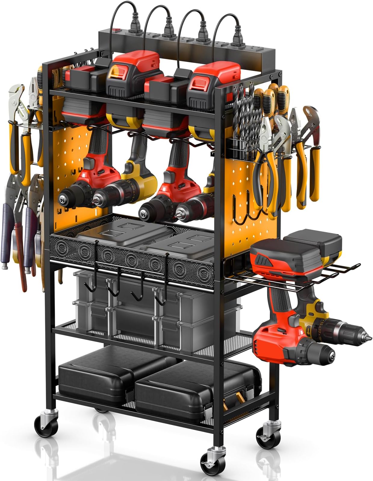 CCCEI Power Tool Organizer Cart with Charging Station, Garage Floor Rolling Storage Cart on Wheels for Mechanic, Mobile 6 Drill, Tool Box Utility Cart with Power Strip, Yellow.