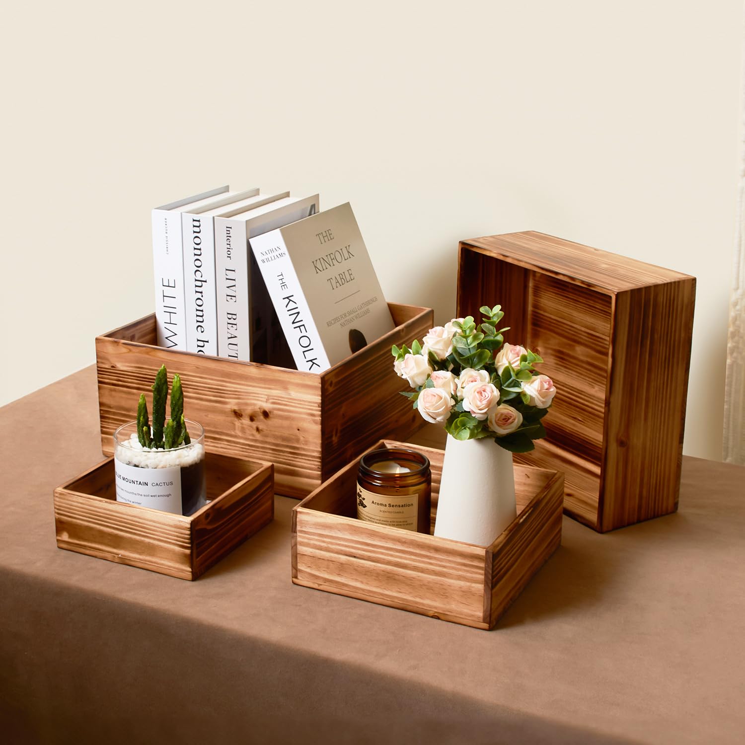 DAOYOUSKY Set di 4 alzate in legno rustico per torte e cupcake, espositore quadrato in legno per matrimoni, feste a buffet, espositori per dessert, cibo, biscotti, mostre artigianali, bruciati