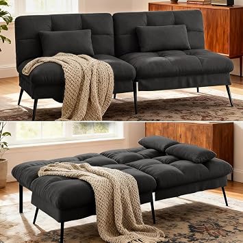 COMHOMA Convertible Futon Sofa Bed, 72Fabric Futons Couch with Adjustable Backrest, Folding Sleeper Recliner for Living Room Furniture Black