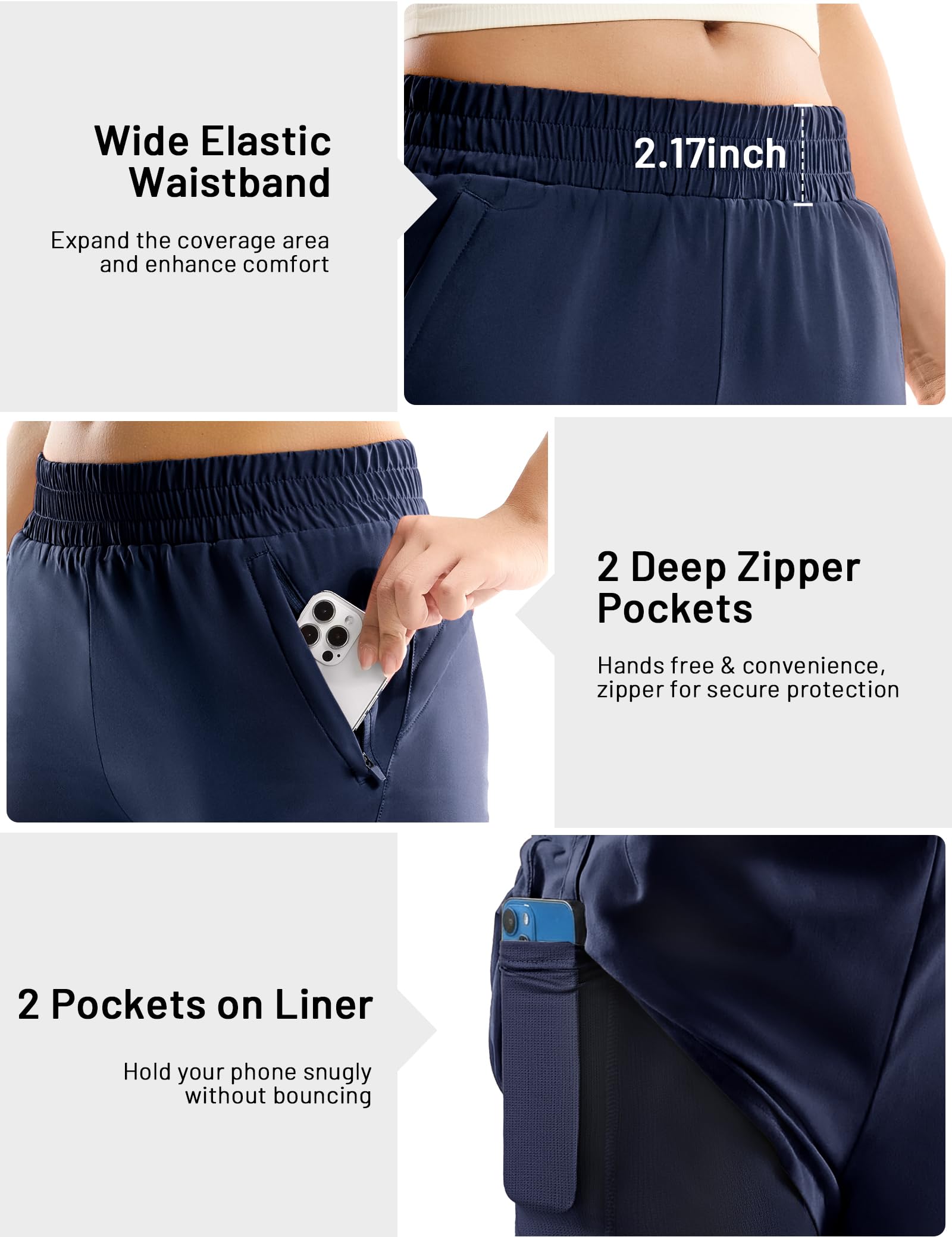 MIER Damen-Laufshorts mit Netzfutter, 7,6 cm, mittlere Taille, 2-in-1, schnelltrocknend, Workout, Fitnessstudio, Sport-Shorts mit Reißverschlusstaschen