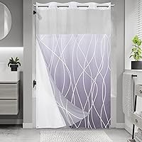 Vista 37 de Juego de cortina de ducha larga a rayas gris y blanco degradado sin gancho con forro a presión - Juego de cortina de ducha y forro de hotel