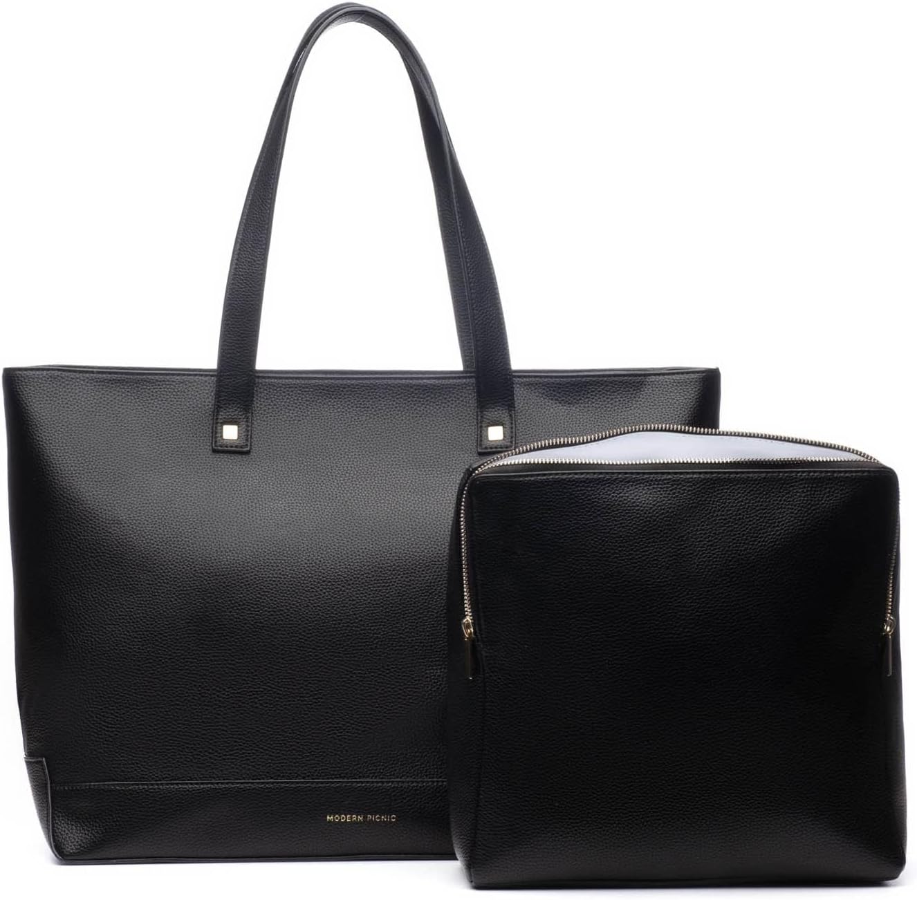 Black Faux Leather Tote with Insulated Pouch