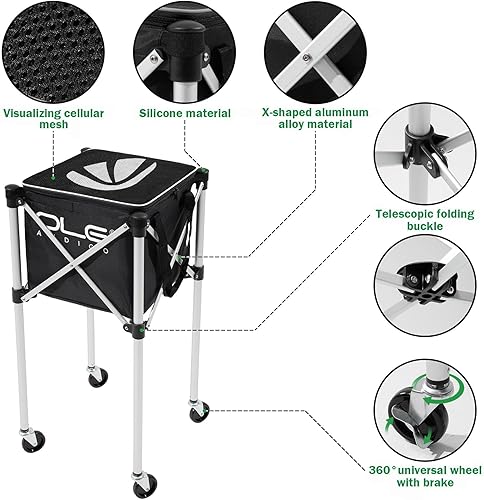 Miniatura 5 de Pelotas de tenis tolva cesta de pelota de tenis con bolsillos laterales, carrito de pelota de tenis ligero con capacidad para 160 bolas, carrito