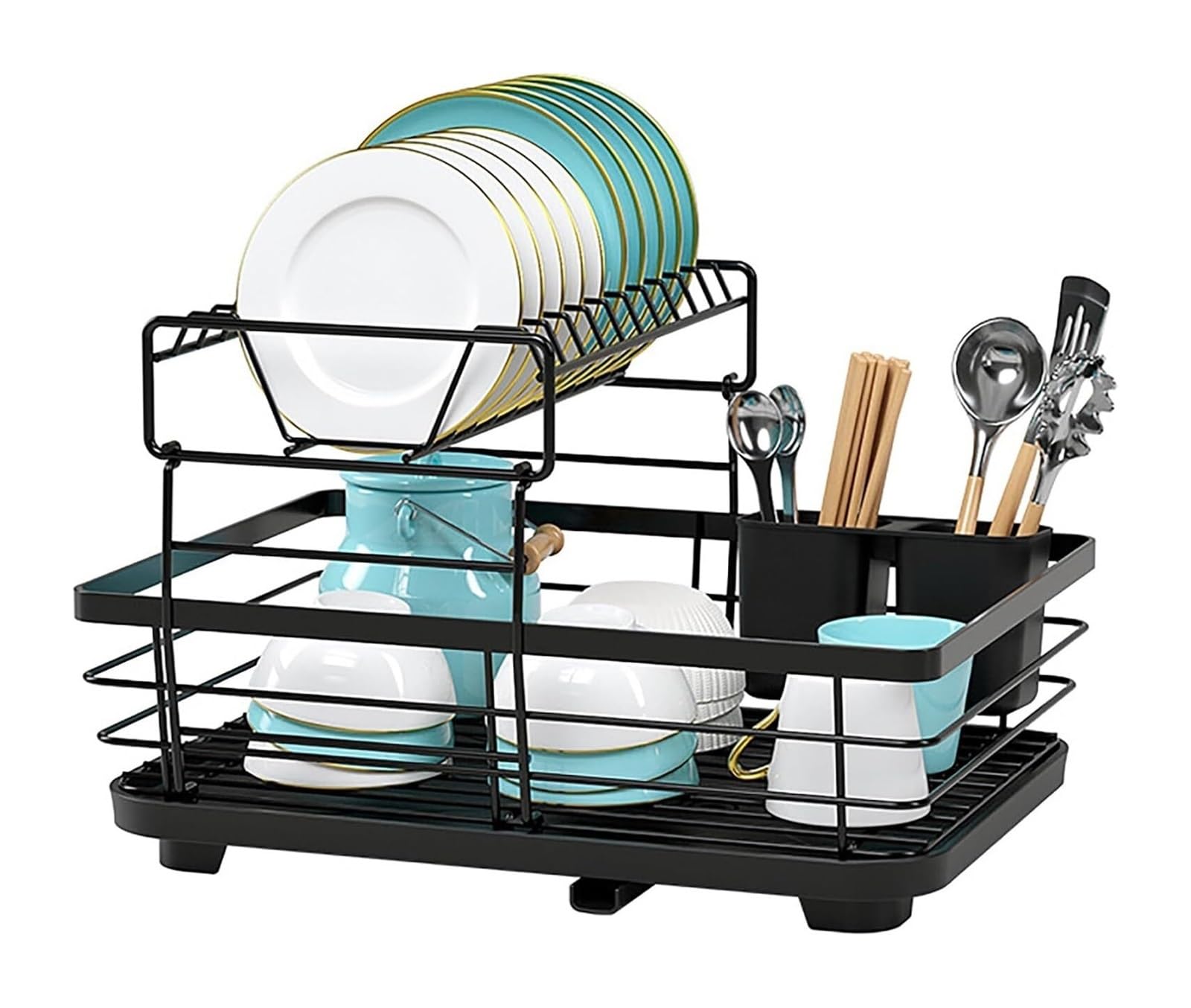 QCKNKMGG Draining Washing Up Holder, 2-Tier Dish Drying Rack Auto Draining Utensil Holder Drainboard Multicolor(Black)
