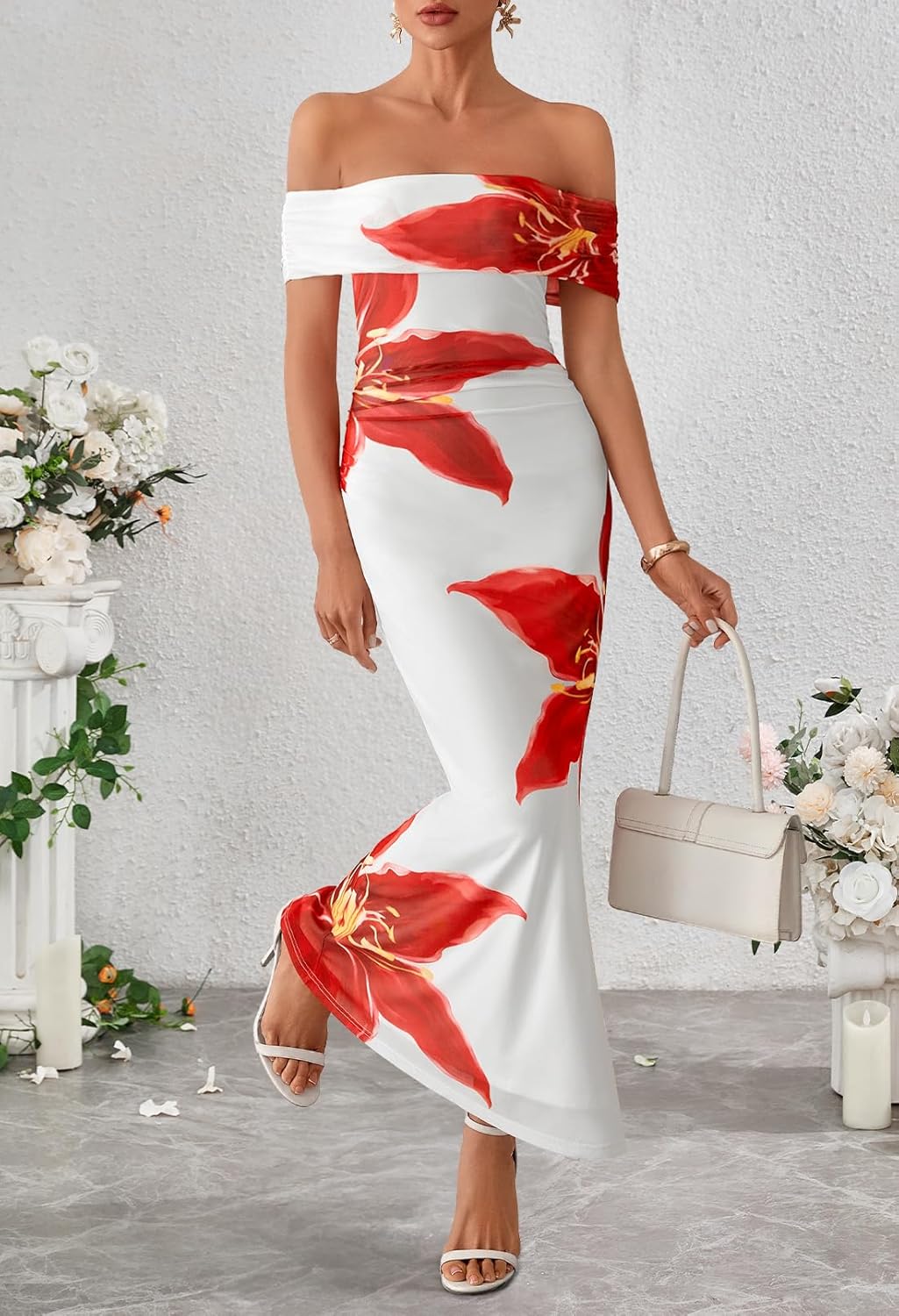 MEROKEETY Women's Spring Off Shoulder Floral Maxi Dress 2026 Summer Formal Beach Wedding Guest Cocktail Bodycon Dresses - Image 2