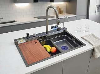 Fossa Single Bowl Smart Piano Waterfall Kitchen Sink| 30x18x10 Inch 7-Year Warranty Pure Premium Stainless Steel| with Pul...