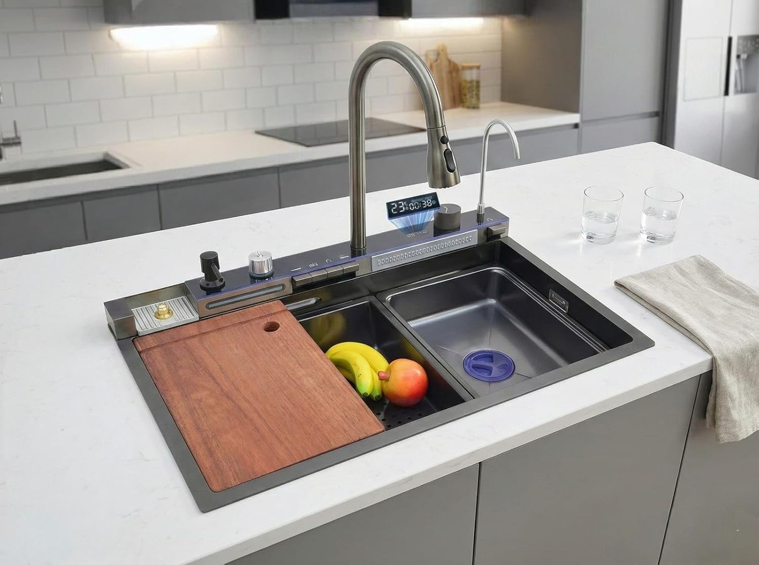 Fossa Single Bowl Smart Piano Waterfall Kitchen Sink| 30x18x10 Inch 7-Year Warranty Pure Premium Stainless Steel| with Pul...
