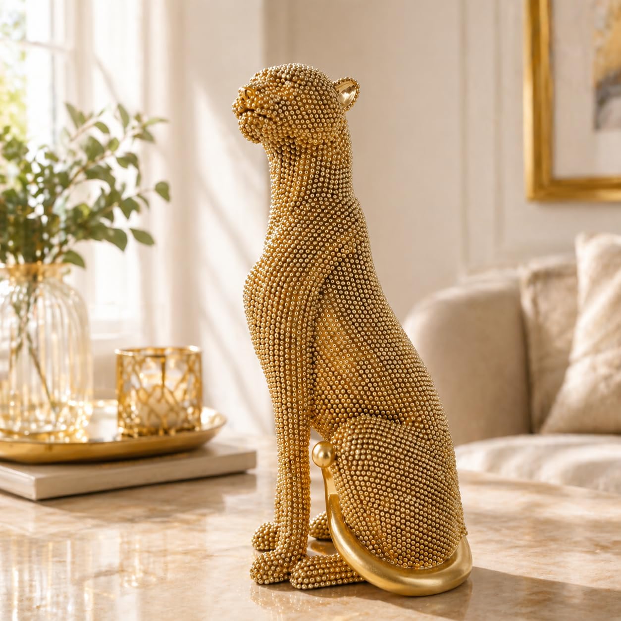 Shlinnuo Cheetah Statue Home Decor, Gold Cheetah Figurine, Modern Art Leopard Sculpture,Panther Ornament for Living Room, Office, Bookshelf（Gold）