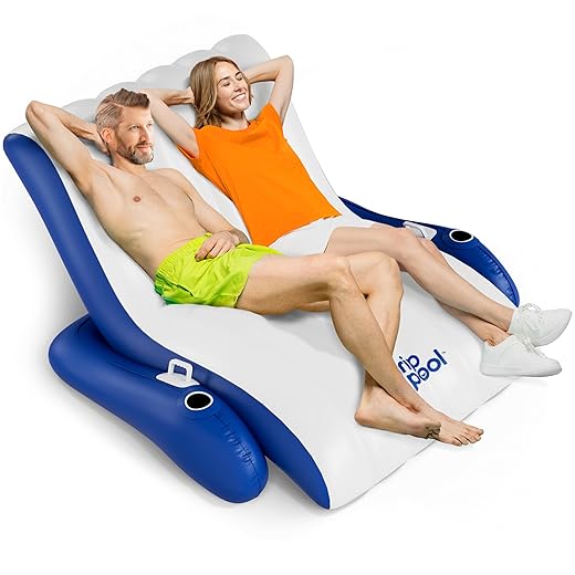 Inflatable Pool Recliner Luxury Float - 1 or 2 Person High & Dry DuoFloat, Cup Holders & Handles, Heavy-Duty Lounge for Pool, Lake Float, River Raft, Beach Chair - Perfect Lounger Gift for Adults