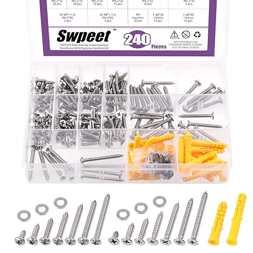 Miniatura 8 de Swpeet 245 piezas de 14 tamaños #4#6#8#10#12 304 Tornillos de acero inoxidable para paneles de yeso autorroscantes rápidos Tornillos de madera