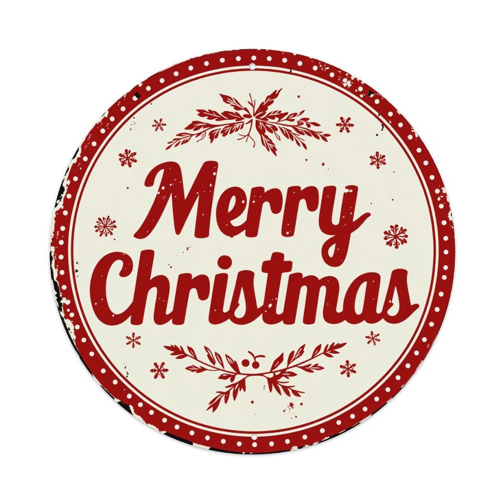 Merry Christmas Red Snowflake Pattern Round Tin Sign Vintage Metal Poster Retro Bar, Home, Man Cave, Kitchen, Laundry Room Wall Art Decor Gift 8x8In