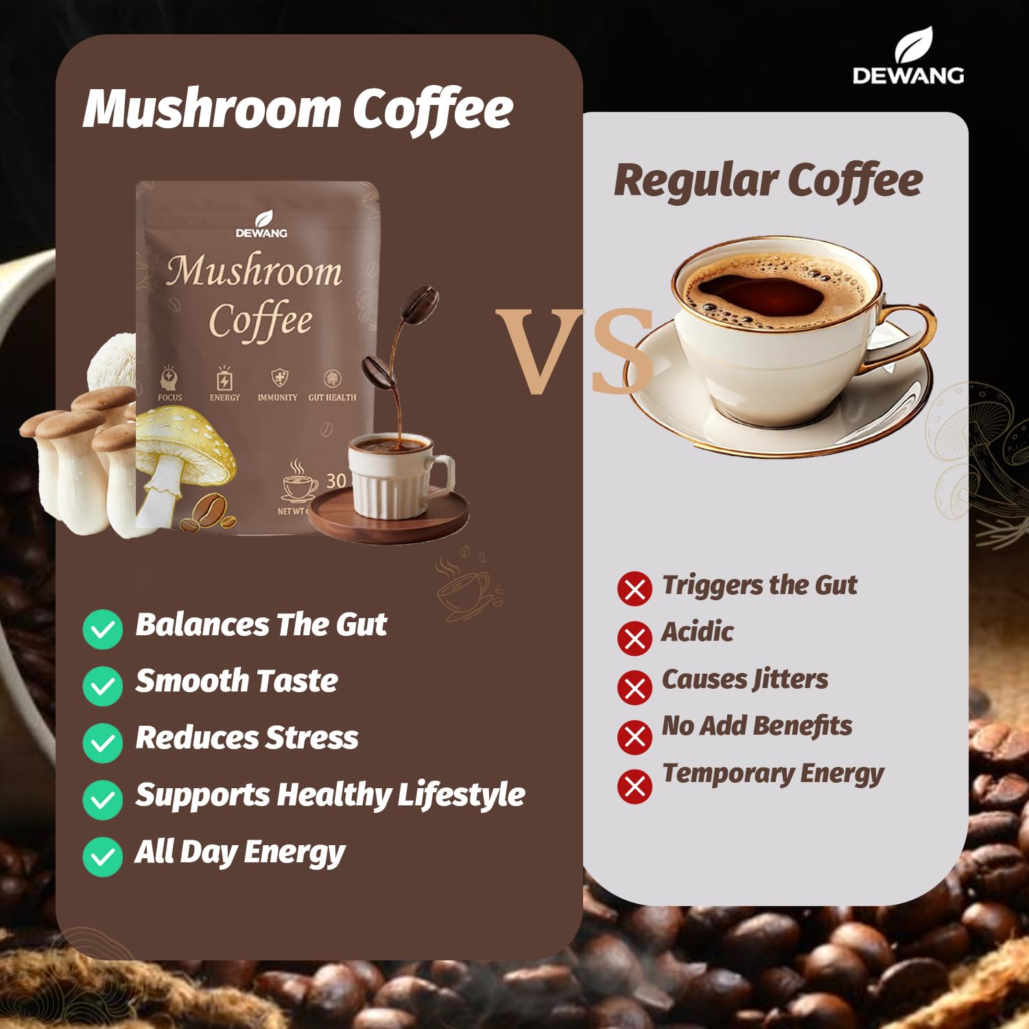 Mushroom Coffee 6 Mushroom Instant Blend with Lion’s Mane, Cordyceps, Reishi, King Trumpet, Shiitake & Turkey Tail – Supports Energy, Focus, Mood & Immune System – 30 Servings - Image 5