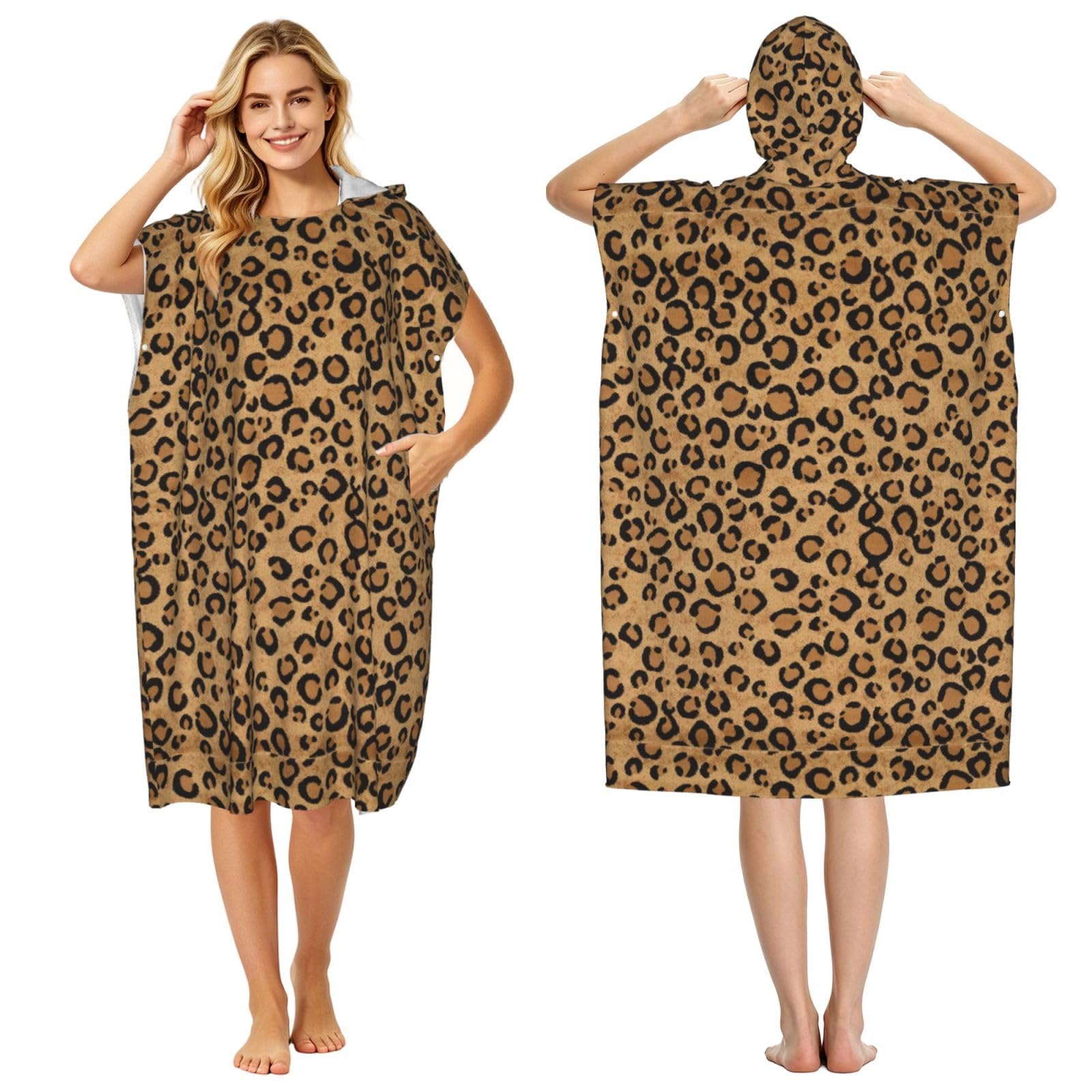 Poadnly Printed Wild Leopard Animal, Adult Hooded Beach Towel 90 x 110 cm,Changing Bath Robe, Surf Poncho Towel For Women Men
