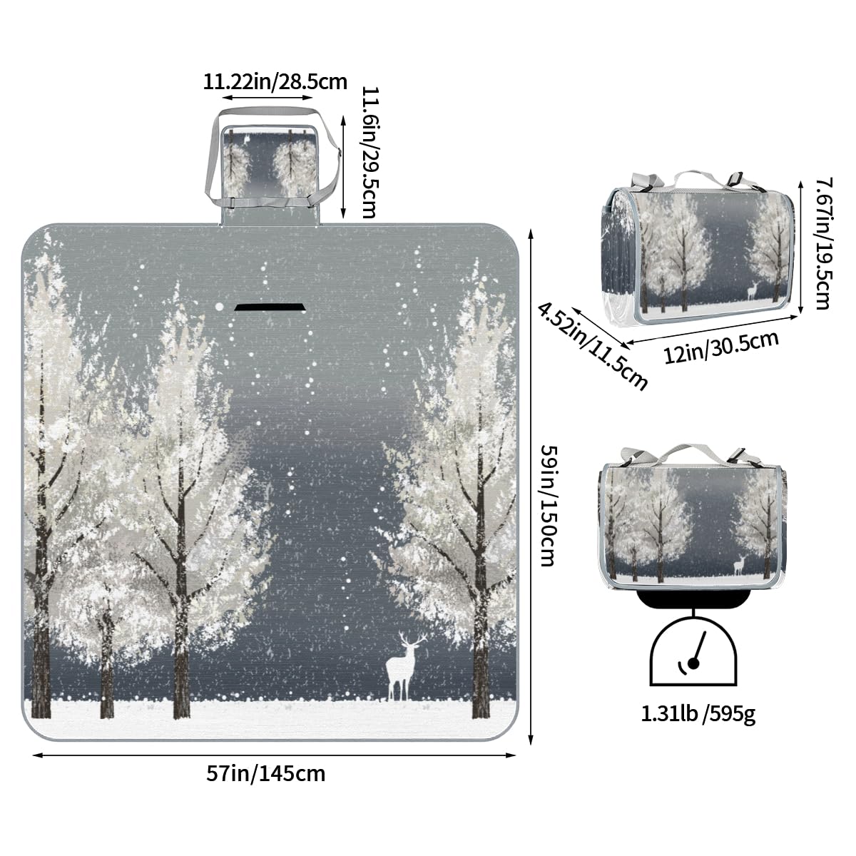 Shimoshe Picnic Blankets 57”x 59”, Winter Tree Animal Deer Waterproof Sandproof Picnic Mat Lightweight Foldable Beach Blanket for Camping Park Grass Beach Outdoor Blanket