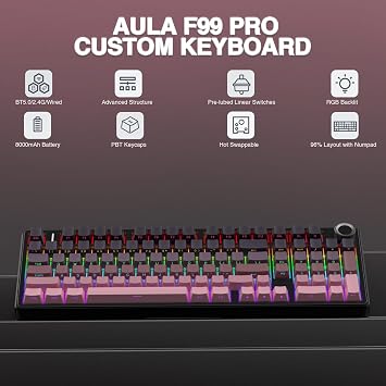 AULA F99 Pro Wireless Gaming Keyboard,Tri-mode Mechanical Keyboard Wireless with Control Knob,Side Engraved,RGB Backlight,Pre-lubed Linear Switches,Hot Swappable Custom Keyboards (Black&pink)