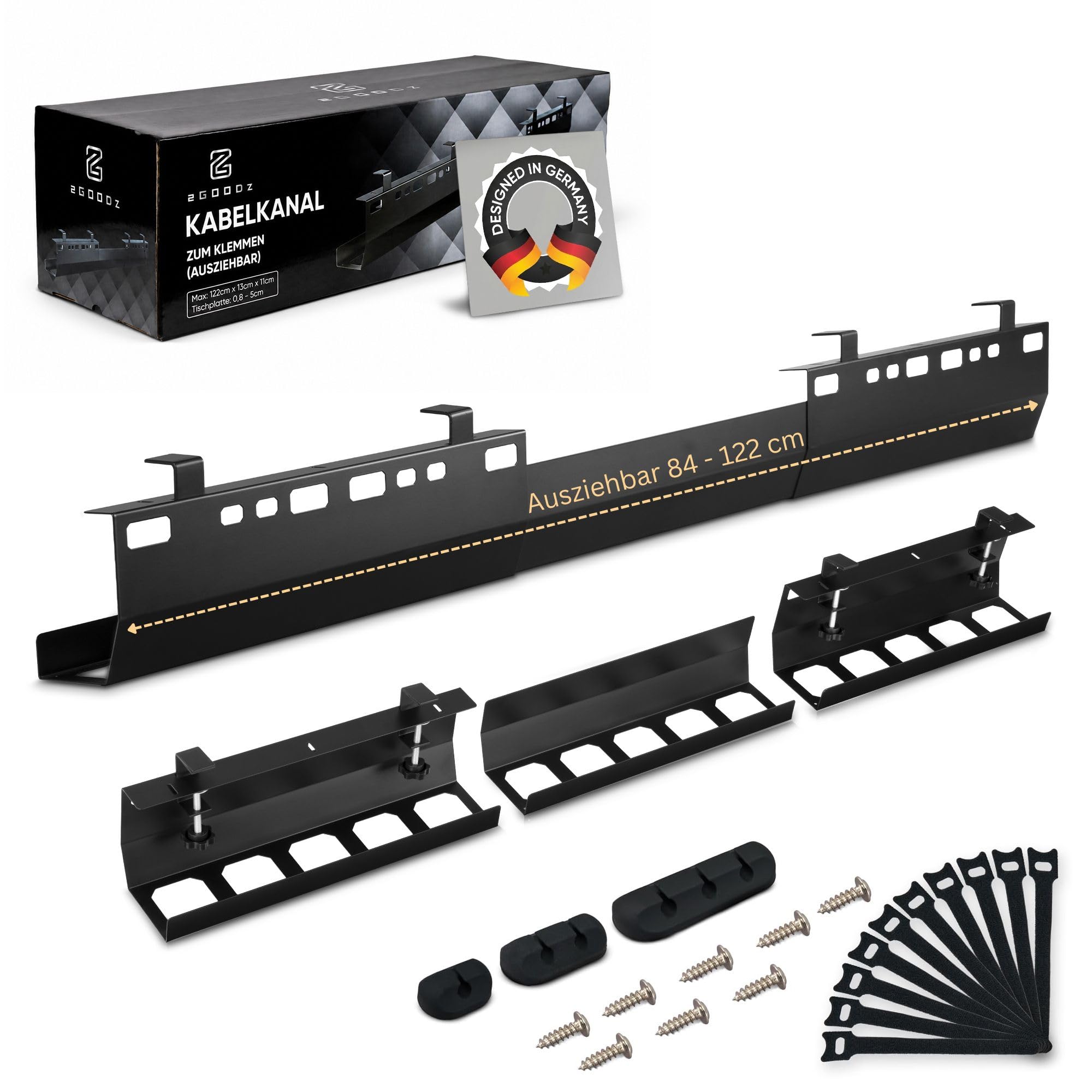 2GOODz Canaleta para cables extensible de 84 a 122 cm para escritorios | Sin taladrar, incluye Accesorios - extra ancho - acero aleado