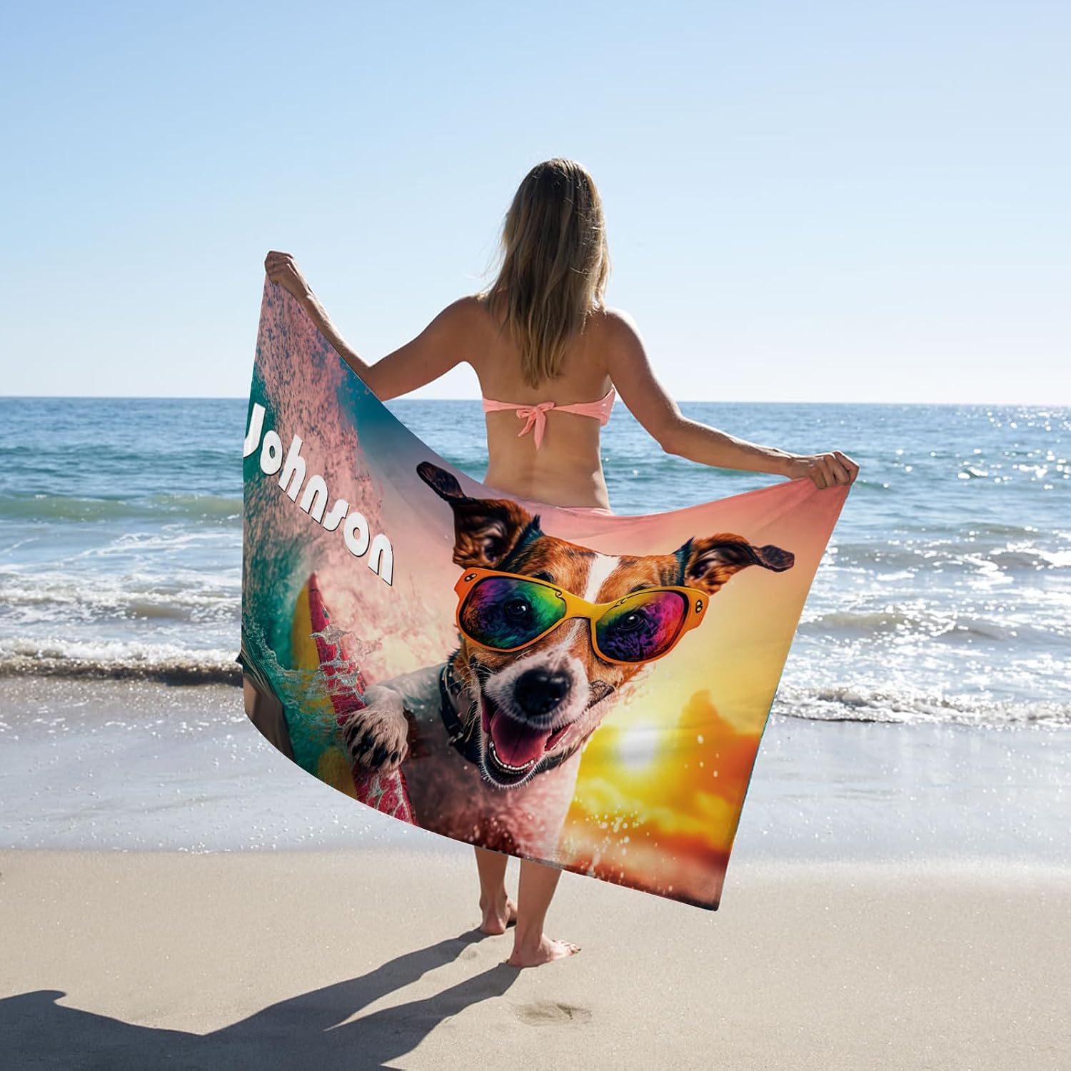 Personalized Beach Towel with Bag - Custom Name with Animal Selfies Design - Oversized Soft Absorbent Microfiber Bath Pool Towels for Baby Kids Adults Boys Girls Gifts Color07-Dog