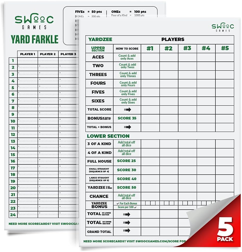 SWOOC Gamesยฎ - 5 Big Premium Laminated Yardzee & Farkle Score Cards (11.5in x 8in) with Rules - Large Reusable Dry Erase Pads for Giant Outdoor Dice