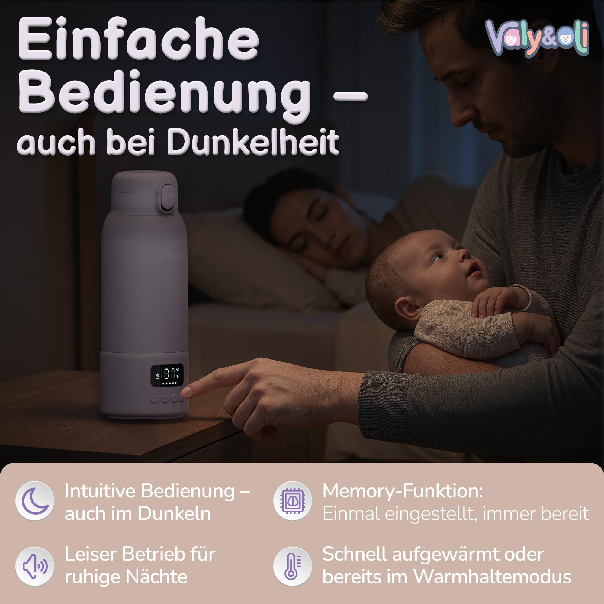 Valy&Oli® Flaschenwärmer Baby Unterwegs [Power 16.000mAh Akku] - Blitzschnell in 3 Min auf 37°C [Bis 100°C] - Tragbarer Milchwärmer [500ml] - Auslaufsicherer Babyflaschenwärmer (Lavendel-Lila)