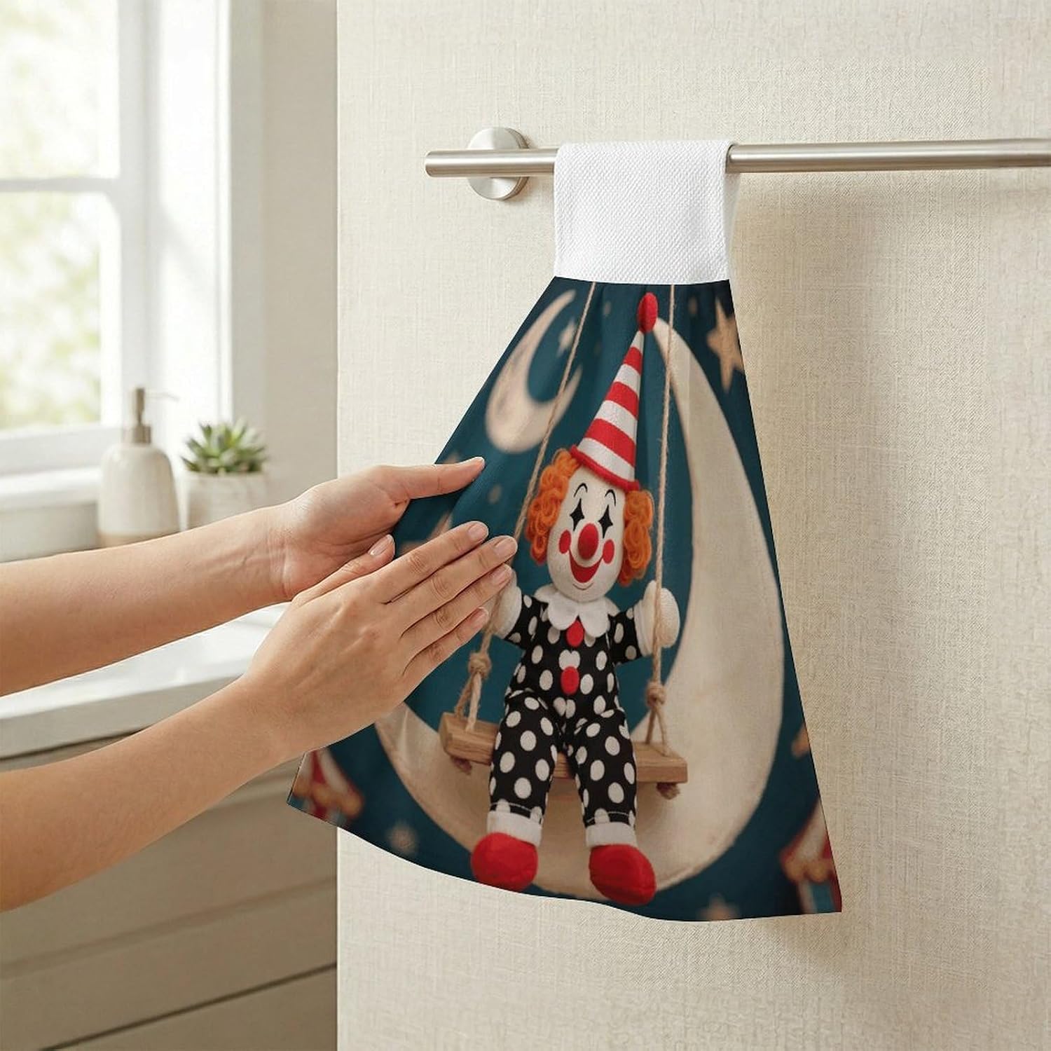 Hanging Kitchen Towels Set of 2 Clown on Crescent Swing Hand Towel with Hanging Loop Dish Towel Soft Absorbent Bath Tie Towel for Bathroom Farmhouse image 5