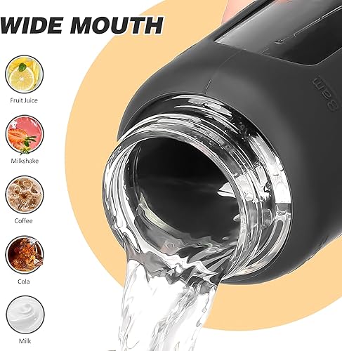 Miniatura 5 de Botella de agua de vidrio de 32 onzas con popote y 2 tapas, bambú y tapa de boquilla, botella de agua deportiva motivacional con funda de silicona y