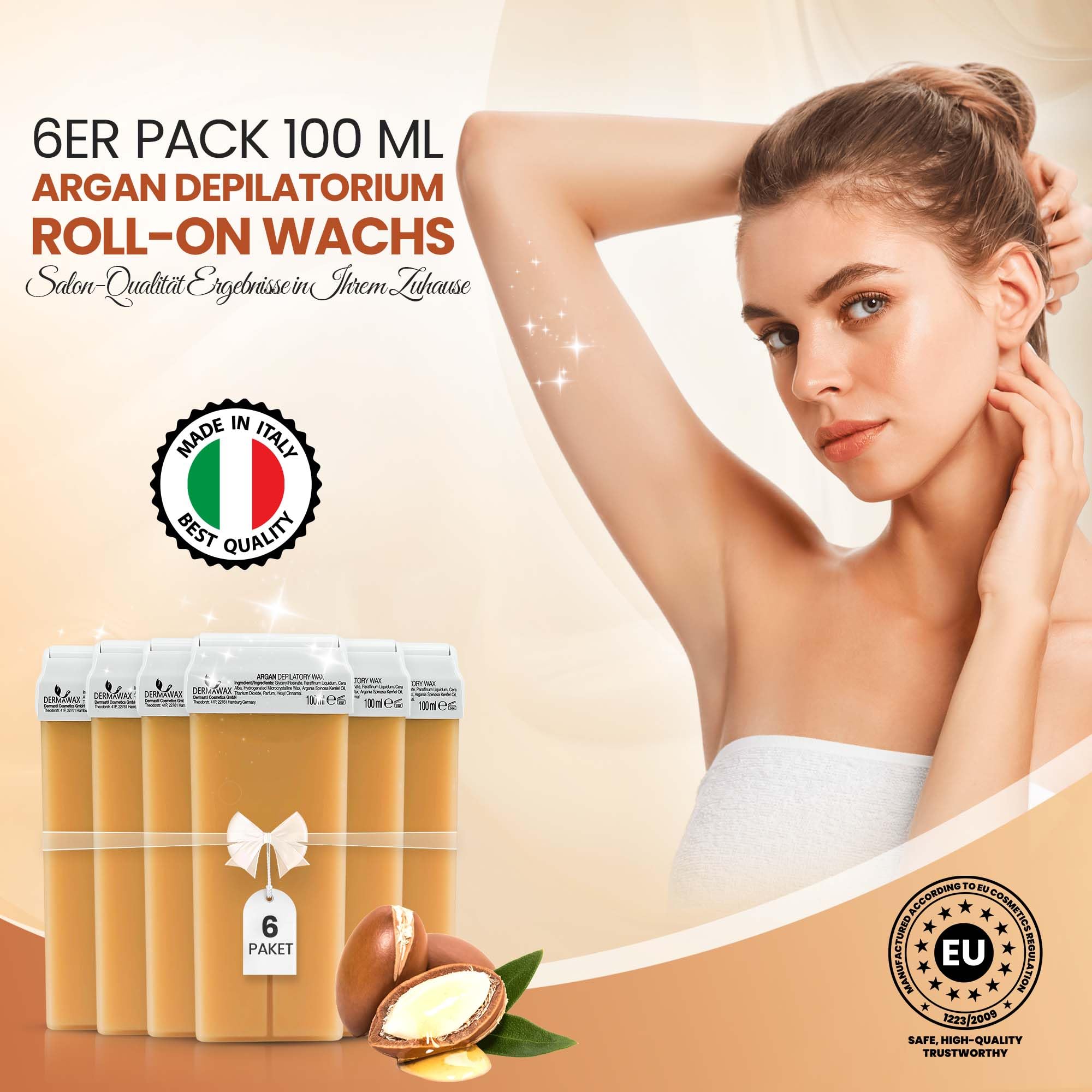 DERMAWAX 6 x 100 ml arganowy wkład do wałka woskowego, zestaw uzupełniający do woskowania z paskami woskowymi, idealny dla skóry wrażliwej, nóg, ramion, pod pachami, klatki piersiowej i pleców, 600 ml