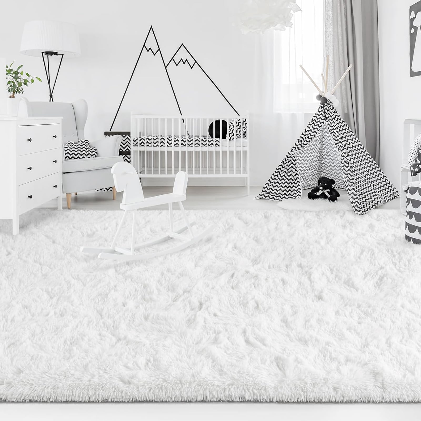 Hochflor Teppich Weiß 200 x 300 cm, Flauschiger Waschbarer Shaggy Teppich mit Anti-Rutsch-Unterseite, Leichtgewichtiger Langflor-Kuschelteppich für Wohnzimmer, Schlafzimmer und Kinderzimmer
