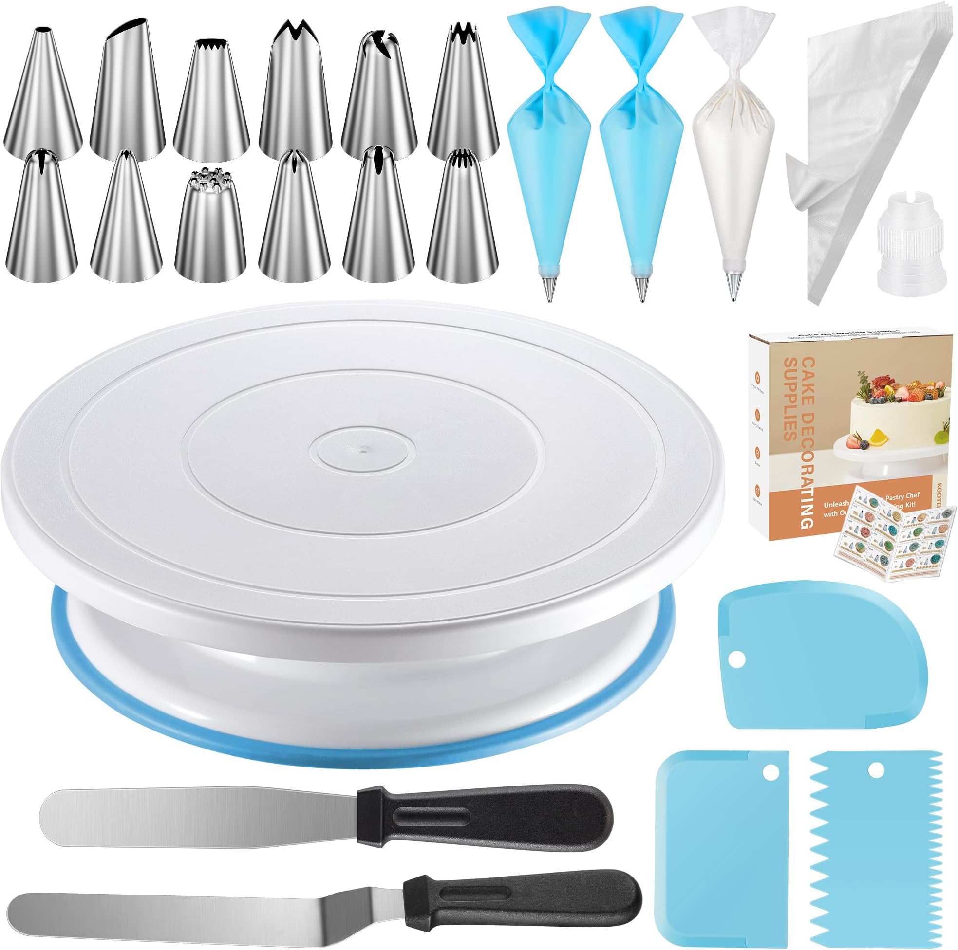 Kootek 71PCs Cake Decorating Kit, Baking Supplies Tools - Includes Cake Stand Turntable, 12 Icing Piping Tips Set, 2 Frosting Spatulas, 3 Scrapers, 50+2 Piping Bags, Coupler, Video Tutorial, Booklet