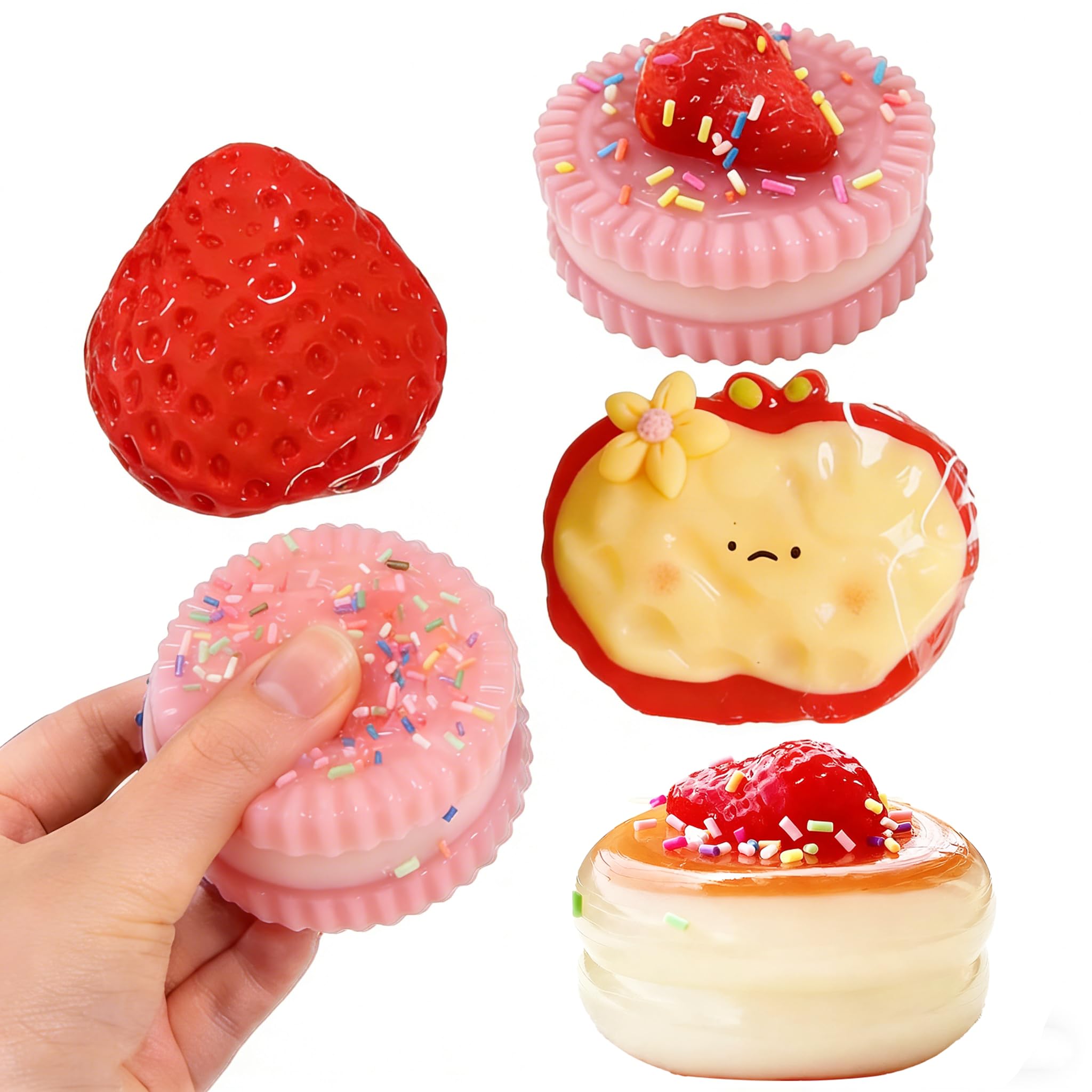 4Pcs Taba Food Squishy Set Strawberry Dessert Stress Balls Squishy Toys for Adults Fidget Toys Stress Relief, Tactile Play, Soft Texture, Calm Anxiety, Great Gift Idea (Pink)