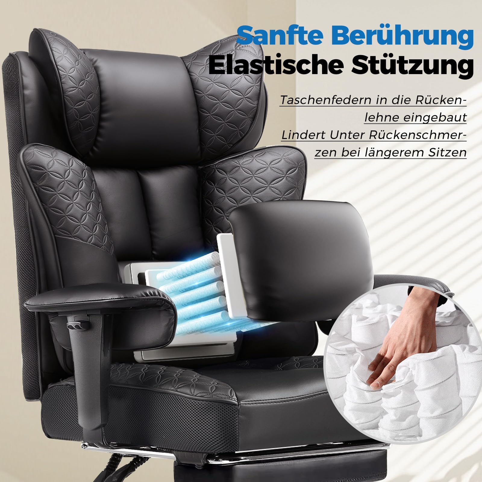 GTPLAYER Gaming Stuhl, Bürostuhl mit Fußstütze Chefsessel Schreibtischstuhl mit Taschenfeder-Kissen Ergonomischer bis 200kg, PU-Leder Höhenverstellbar Home Office Gaming Sessel, Schwarz