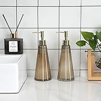 Vista 3 de MyGift 2 Pcs Vintage Soap and Lotion Dispenser Set, Smoked Glass and Brass Liquid Pump Dispenser with Vertical Ribbed Design