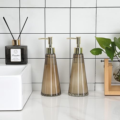 Miniatura 3 de MyGift Dispensador de jabón líquidoloción de vidrio ahumado vintage y latón con diseño acanalado vertical, juego de 2