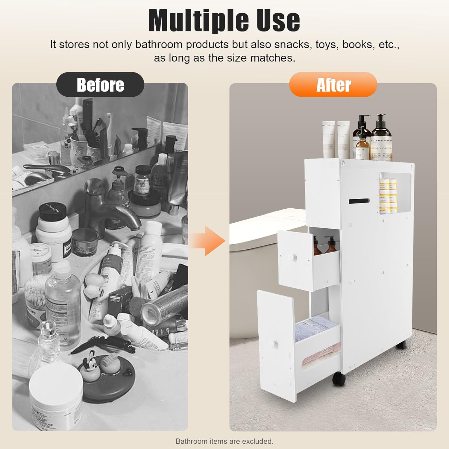 Slim Bathroom Organizer with Slide-Out Drawer - Freestanding Toilet Paper Holder & Storage Cabinet for Small Spaces, Narrow Over Toilet Organizer with Shelves, White