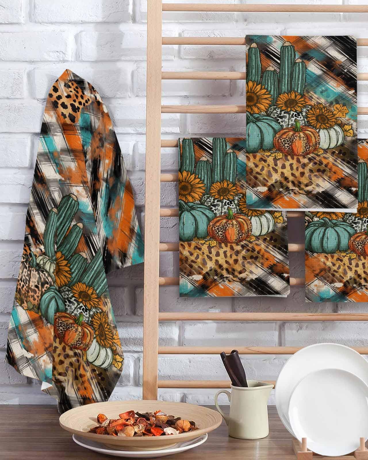 Hokiten Vintage Fall Pumpkins Waffle Kitchen Towels Dishcloths, Thanksgiving Sunflower Absorbent Dish Towels | Hand Towels for Bathroom/Bar, 16 x 24 Inch, 2 Pcs