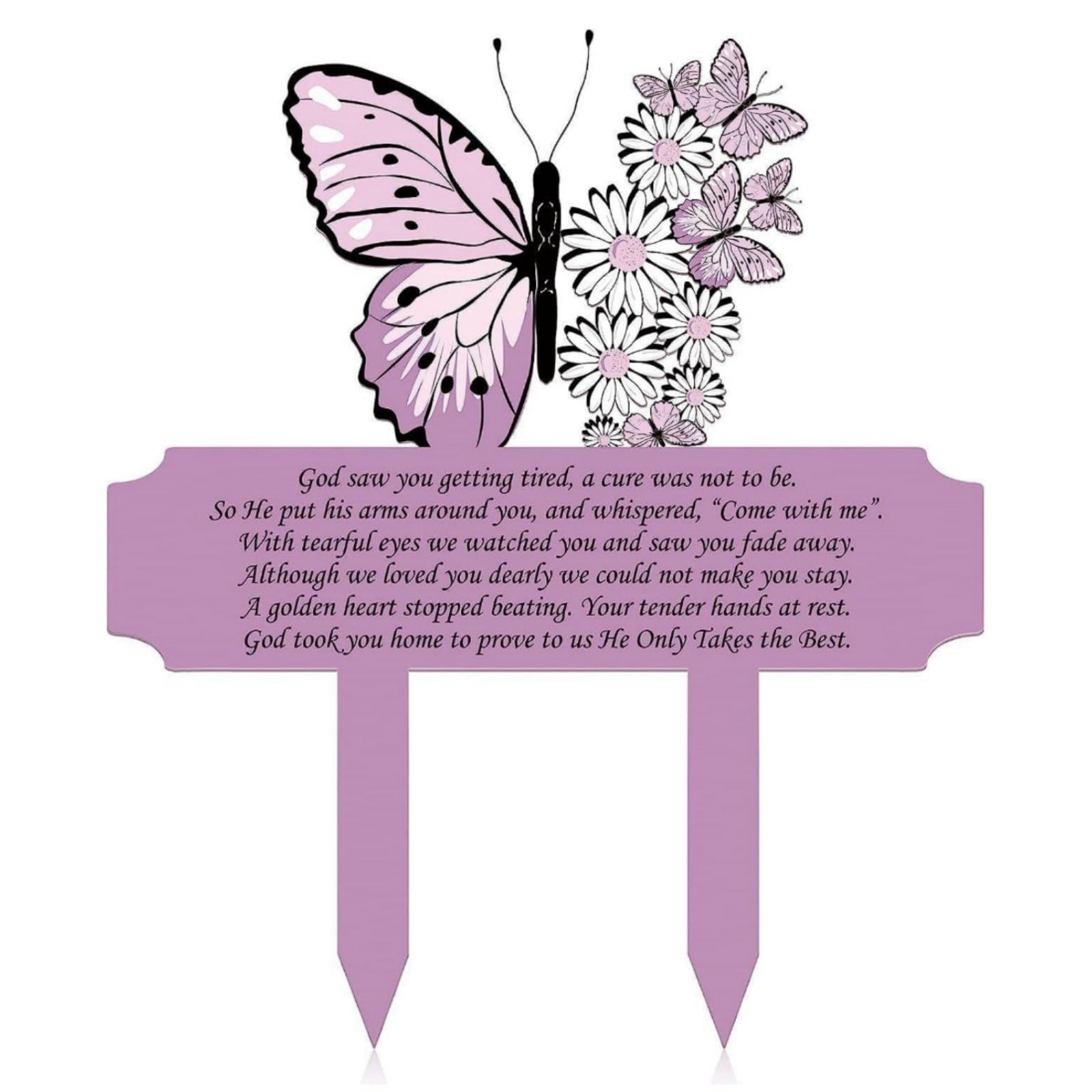 predolo Memorial Plaque Easy to Use Cemetery Memorial Stake Sign Meaningful Inscription Cemetery Decoration Stake for Gravesite, Purple Butterfly And Flowers With God Saw You Getting Tired Text