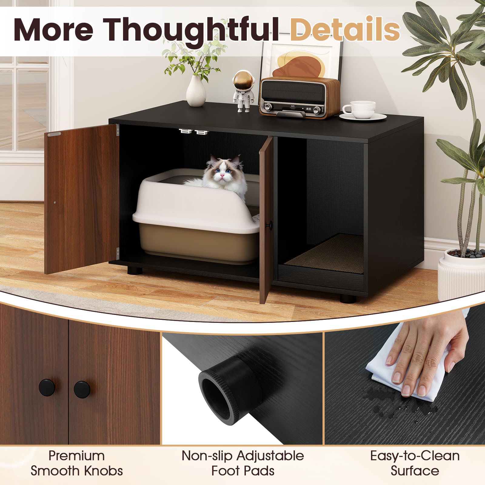 Tangkula Cat Litter Box Enclosure, Hidden Litter Box Furniture with Scratching Board, Double Doors, Modern Indoor Cat House End Table, Wooden Cat Washroom Cabinet (Black+Walnut) - image 8