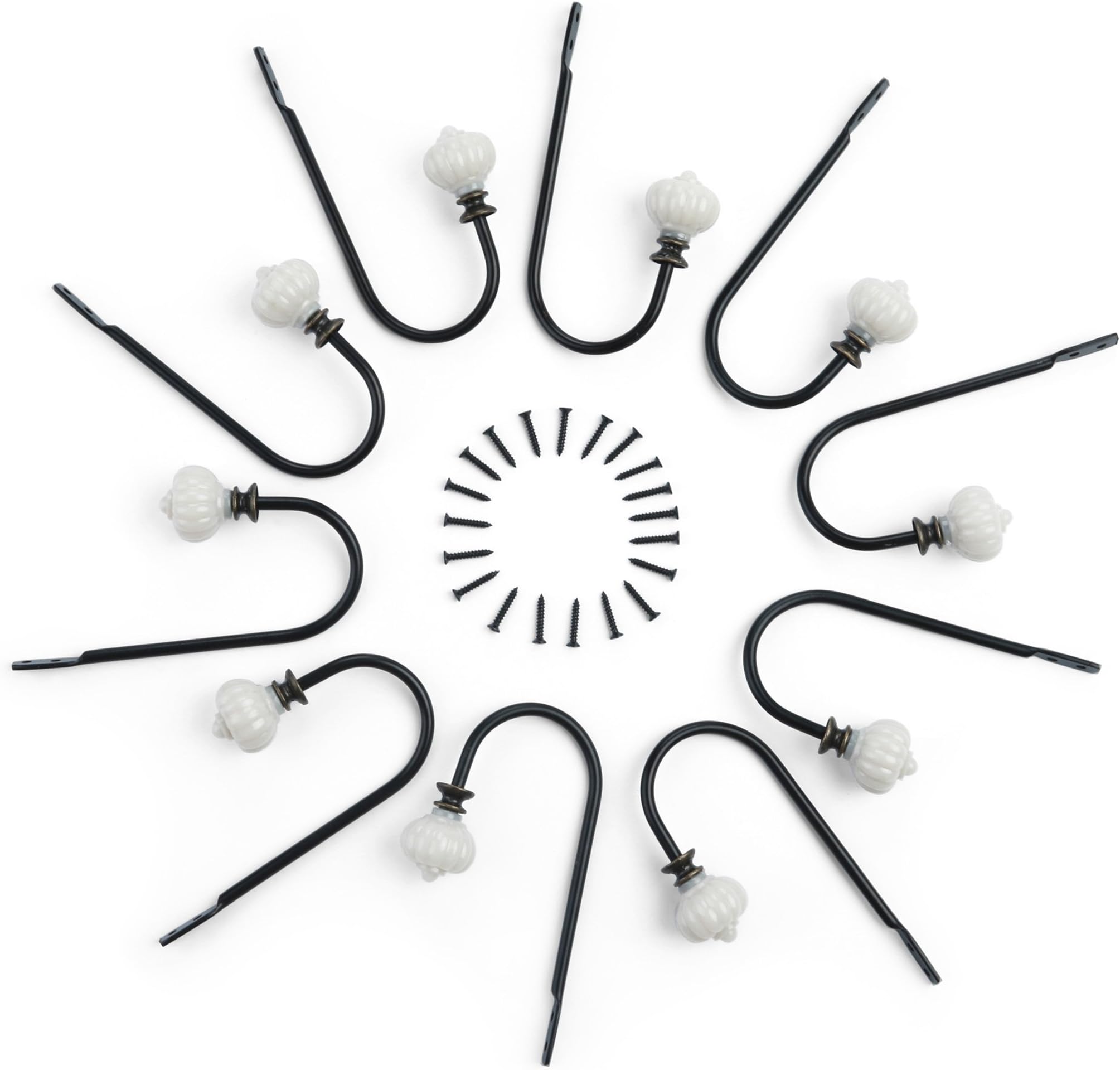 10pc Black Iron Hook Set with Elegant Jewel - Add A Touch of Class to Your Beautifully Furnished Home - Equipped with 20 17mm Screws for A Strong, Sturdy Hold