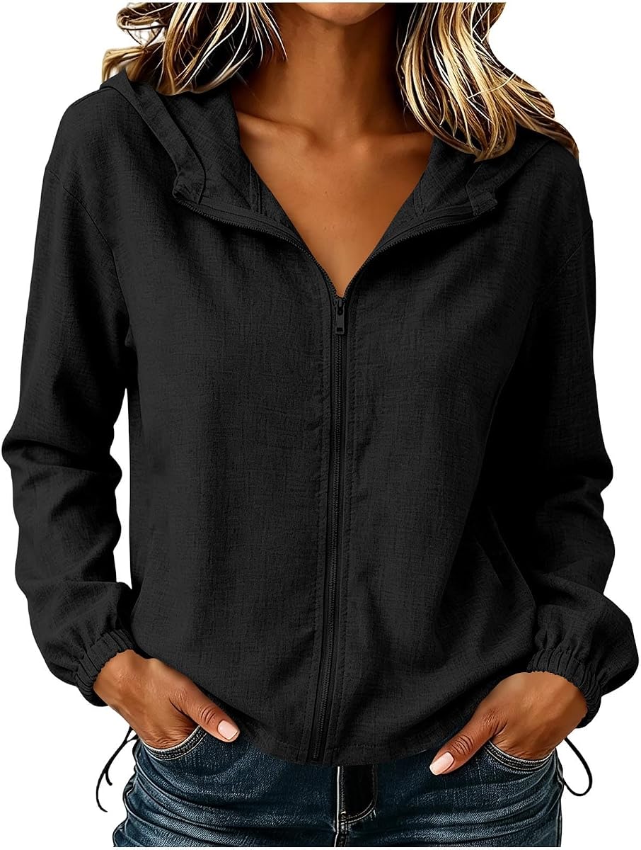 Oplxuo Chaqueta de lino para mujer con cremallera completa y cordón en el dobladillo