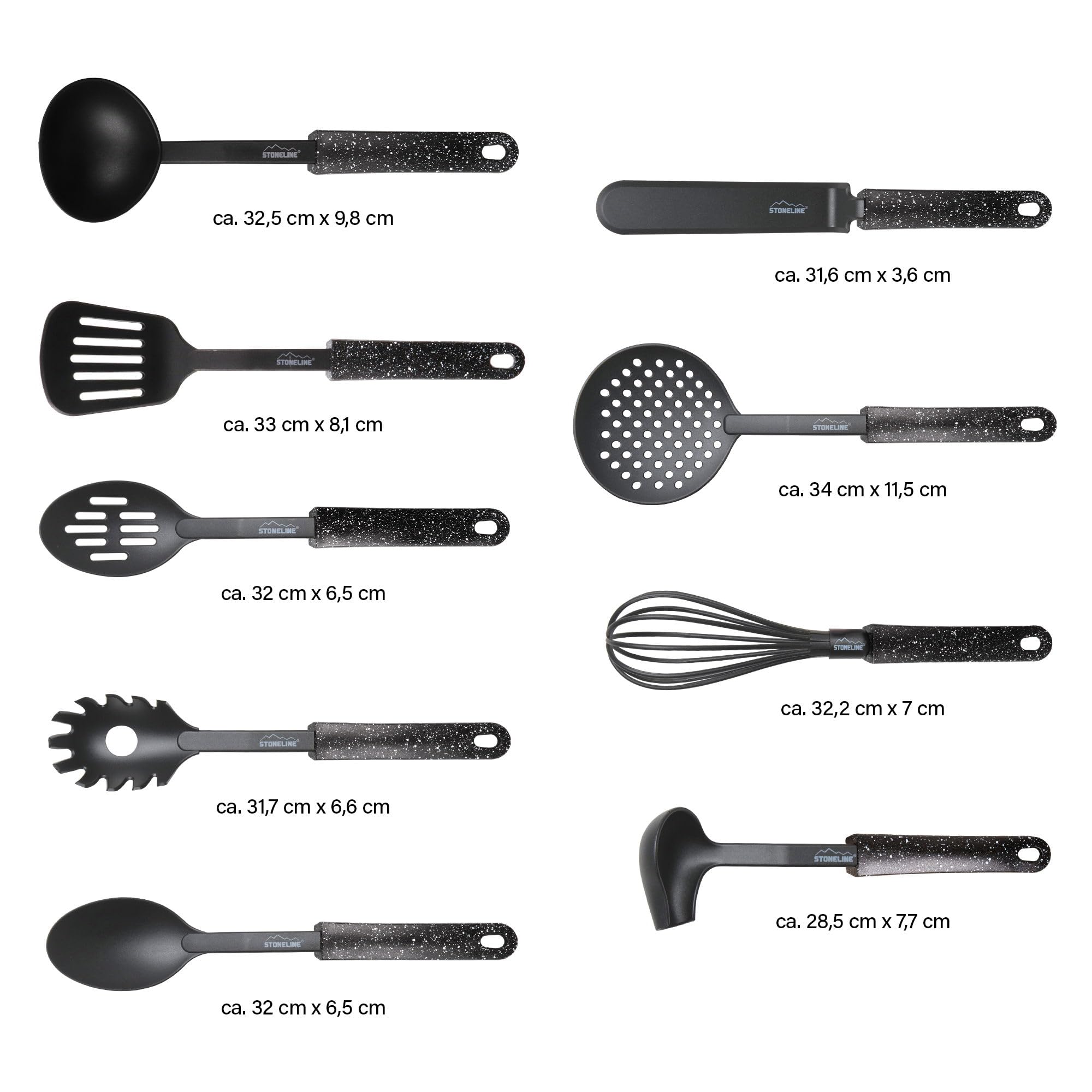 STONELINE Juego de 9 Utensilios de Cocina con Soporte Integrado al Mango, de Nylon Resistente al Calor para Ollas Sartenes Antiadherentes Utensilio Cocina Espátula Cucharón Varillas Cuchara Espumadera