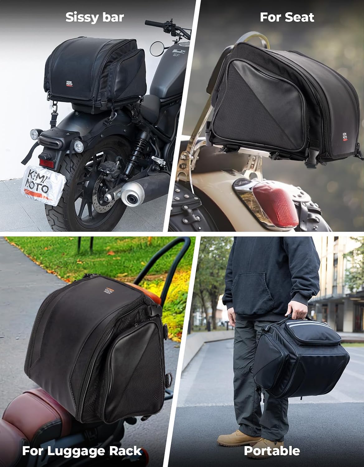 KEMIMOTO Motorcycle Tail Bag 40-50L Expandable Motorcycle Luggage Rack Helmet Sissy Bar Bag with Waterproof Rain Cover for Motorbike Daul Sport Dirt Bike Softail Dyna Touring Shadow Vulcan