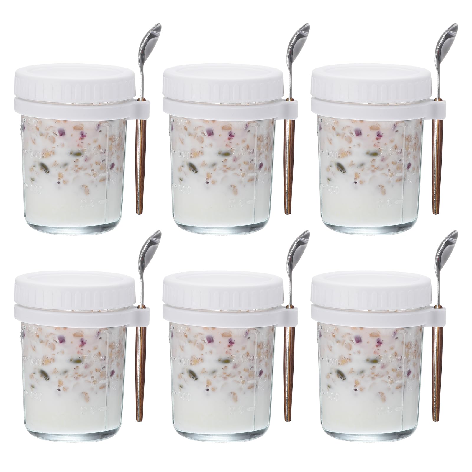 uxcell Recipientes de avena nocturna con tapas, 6 unidades, tarros de avena nocturna de 10 onzas con cucharas y marcas de medición, tarros de vidrio Mason para cereales de leche (blanco)