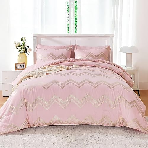 Wowelife Juego de ropa de cama para niñas, edredón rosa dorado para cama tamaño queen, 7 piezas, juego de ropa de cama dorado con purpurina en